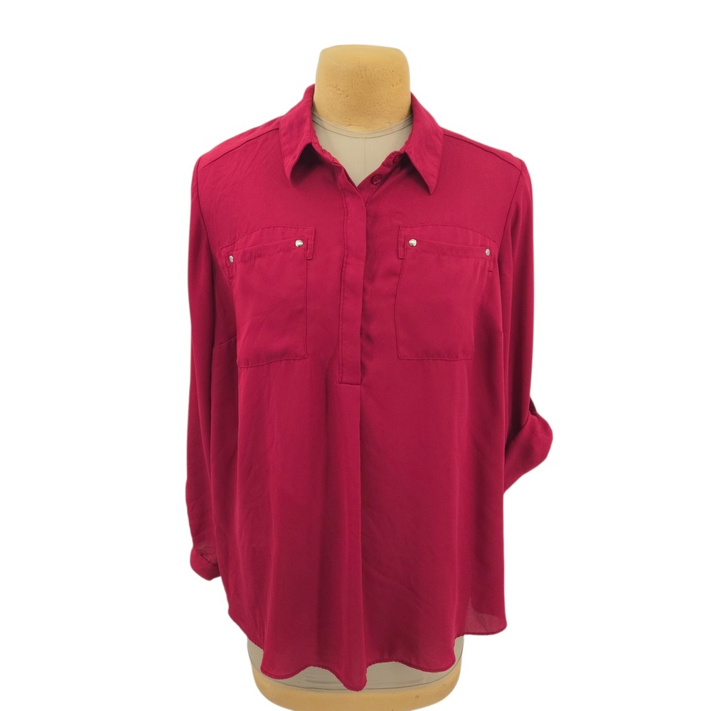 Lane Bryant Women Plus Size 18/20 Red Blouse Roll Tab Sleeve Flowy Casual Career